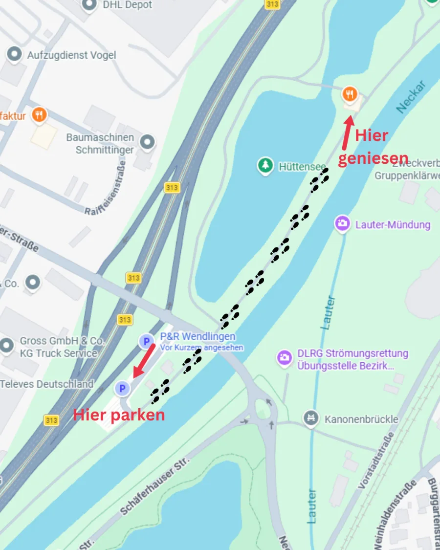 Karte: vom P&R Wendlingen am Neckar entlang zur Fischerhütte am See